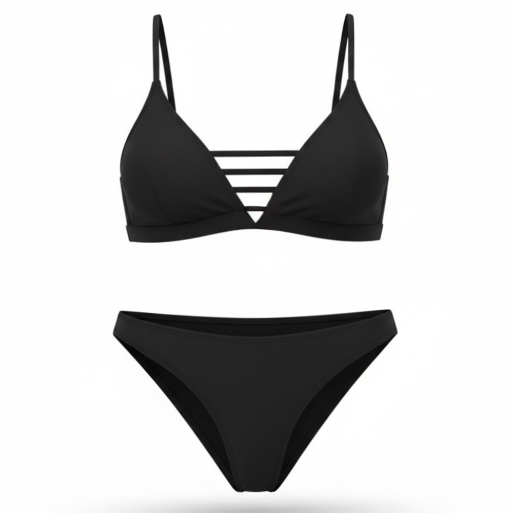 Express Black Multi Rouleau Bikini Top and Hipster Bikini Bottoms Size Large